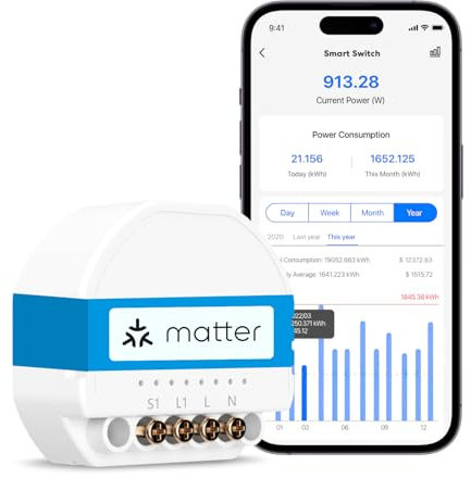 Meross Interruptor de Luz Inteligente Matter (Neutro Necesario) - Monitorea el Consumo de Energía y Matter Simple Setup (MSS), Interruptor WiFi Compatible con Apple Home, Alexa y Google Home