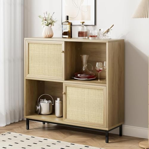 Litake Rattan Sideboard, Anrichte mit 2 Türen aus Rattan, Buffets Aufbewahrungsschrank,Kommode,Küchenschrank Standschrank,Küche, Wohnzimmer, Veranda, Schlafzimmer 101x 94x 30 cm(Eiche)