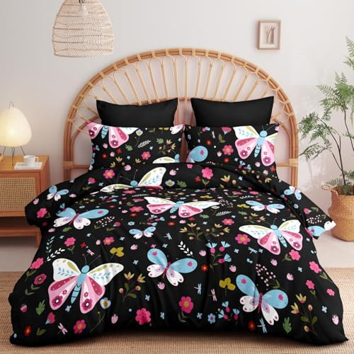 Freyamy Blumen Bettwäsche 200x220cm 3teilig Schwarz Rosa Bunt Schmetterling Florale Mädchen Wendebettwäsche Blumen Schmetterlingsmotiv MicrofaserBettbezug mit Reißverschluss und 2 Kissenbezug 80x80cm
