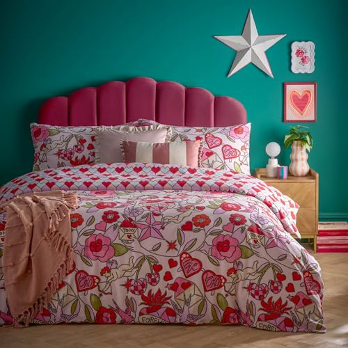 furn. Glass Hearts Duvet Cover Set – Stained Glass Romantic Cupid Reversible Polycotton (Pink – Super King)
