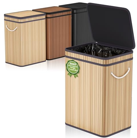 80 Liter/21 Gallon Large Trash Can with Lid, Garbage Bin Wastebasket made of bamboo, Outdoor Garbage Can/Waste Bin for Home, Office, Bathroom, Kitchen 40X30X60 CM (Khaki D)