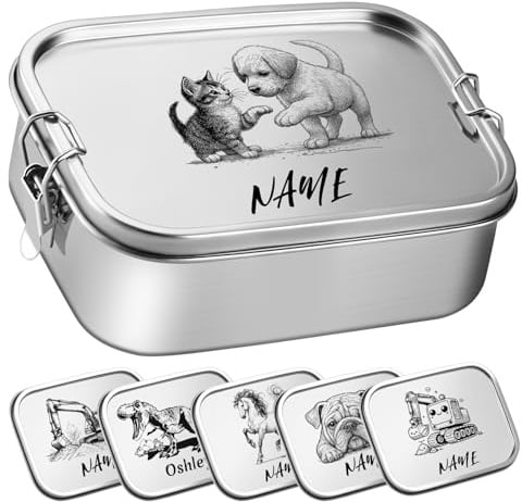 OXYEFEI Brotdose Kinder mit Fächern, Personalisierte Edelstahl Brotdose Kinder mit Namen Geschenk zur Einschulung für Jungen und Mädchen (Katze und Hund, 1000 ml)