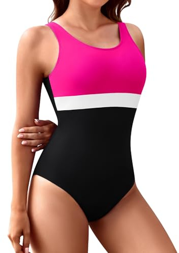 FemiChic Costume Intero da Bagno Donna Sportivo con Coppe Addominali Contenitivo Resistenza al Cloro per Sport Acquatici Moda Spiaggia(Rose Rosso,XXL)