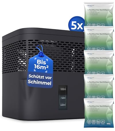 BonAura® AirOne Lite Luftentfeuchter ohne Strom bis 33m² I 360° Belüftung I Raumentfeuchter mit Ausgießer & 5 x 450g Luftentfeuchter Granulat I Schimmel- und Geruchsschutz I Raum Entfeuchter Keller