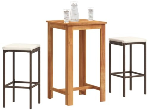 Tonture 3-TLG. Gartenbar-Set Braun, Akazienholz & Poly Rattan, 60x60x105 cm Bartisch, 2 Barhocker mit Kissen, für Außenbereich & Balkon