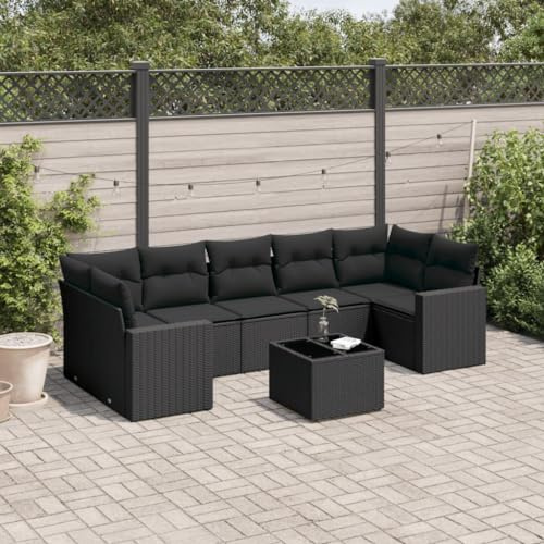 kithwjll 8-TLG. Garten-Sofagarnitur Schwarz, Poly Rattan Lounge Set mit Kissen, Stauraum, Glastisch, Wetterfeste Outdoor Sitzgruppe für Balkon
