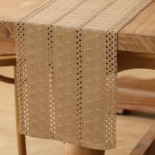 Jayusaror Tischläufer Braun Boho Makramee Modern Frühling Bauernhaus Klein Tischdecke Schmal Landhausstil Rustikaler Tisch Läufer Baumwolle Leinen Table Runner für Hochzeit Küche Deko 30x80 cm