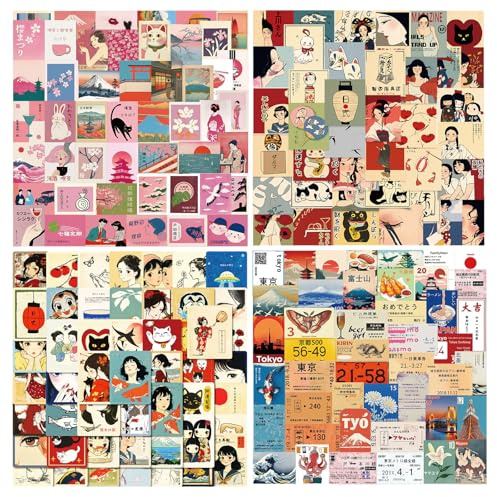 Bubaxuce 200 Stück Japanische Aufkleber, Retro Pink Kirschblüten Japan Reiseaufkleber für Wasserflasche Scrapbook, Geburtstagsfeier Vinyl