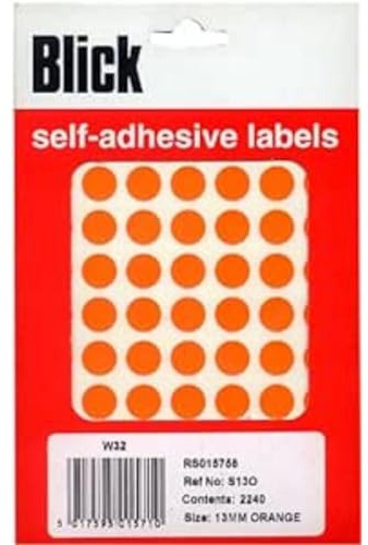 Blick Labels, Orange, Self Adhesive Stickers Office Pack, Coloured Dot, Circles, 13mm, 2240 Labels, Home, Office, Family, School, Holiday Calendar Organising, Planner, Rewards Chart, Colour Coding