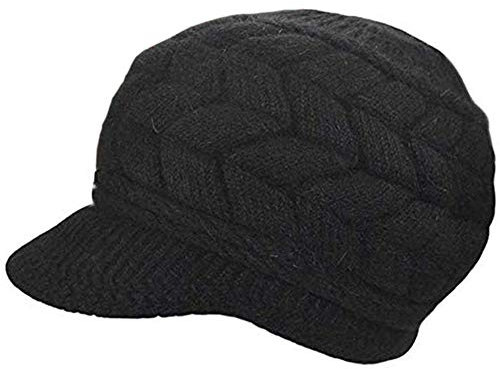 Damen-Wintermütze mit Krempe, Beanie mit warmem Fleece gefüttert und Visier für Damen, Wollstrick, Newsboy Cap S-Y-H4, Schwarz, Medium