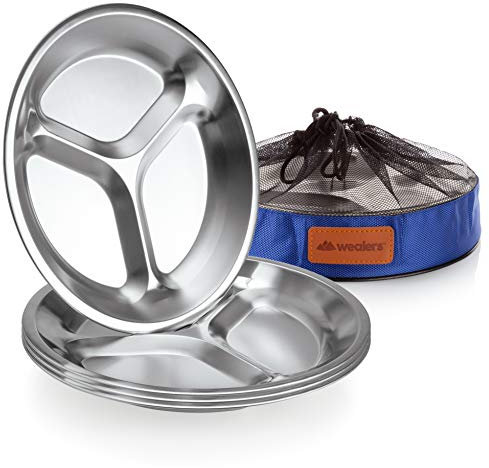 Wealers stainless steel Plate set – ultra-portatile Dinnerware set di 4 rotondo, senza BPA, Sectioned piatti con mesh borsa da viaggio per outdoor escursione di campeggio | | picnic BBQ | | spiaggia