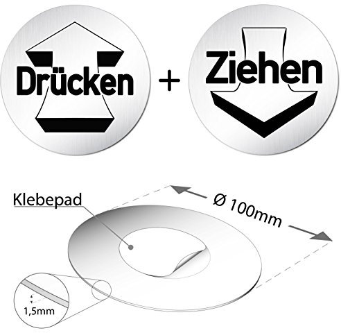Türschilder24 XXL Türschild • Ø 100 mm rund • Schild Set Drücken & Ziehen • aus veredeltem Aluminium Vollmaterial • geschliffene Edelstahloptik • 100% Made in Germany