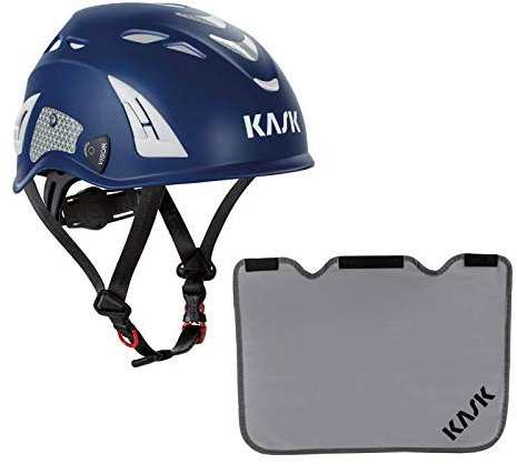 KASK Schutzhelm, Bergsteigerhelm, Industriekletterhelm Plasma HI VIZ Reflexstreifen, EN 397 + KASK Nackenschutz grau für BG BAU Förderung, Farbe:dunkelblau
