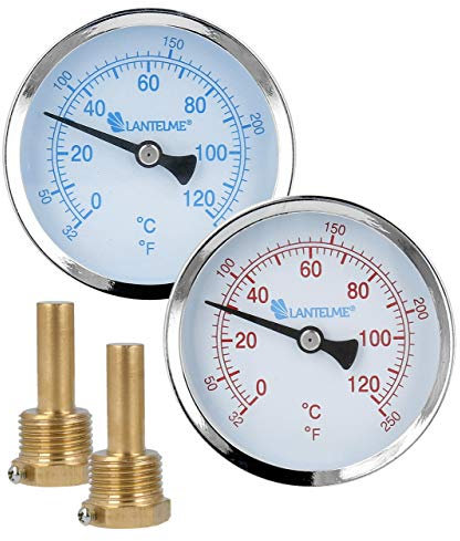 Lantelme 2 Stück Heizungsthermometer Set Metall Edelstahl Gehäuse 120°C Grad Celsius mit 1/2 Zoll mit Messing Tauchhülse für Heizung Wasser Kaltwasser Heißwasser Thermometer rot und blau Analog 7823