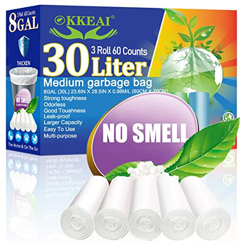 OKKEAI Bin Bags 30L Bin Liner Medium Pedal Waste Bags for Kitchen,White,60 Counts