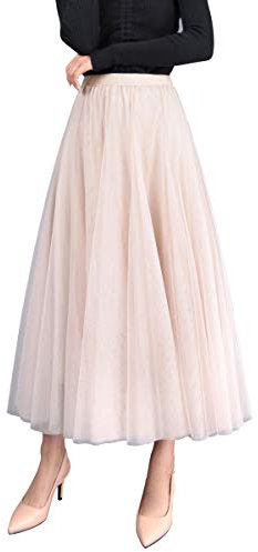 ANIMQUE Donna Estate Gonna in Tulle Lunghezza 83cm Linea A Midi Caviglia Alta Vita Elegante Elastico, Albicocca