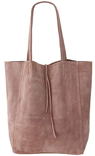 SH Leder ® Damen Echt Wildleder Shopper mit Innentasche in vielen Farben Schultertasche Henkeltasche 37x29cm Katrin G261 (Nude altrosa)