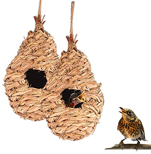 BigDean 2X Nisttasche Vogelnest gewebt 27 x 12 cm - 100% Naturprodukt - für Vögel wie Kohlmeisen, Spatz, Rotkehlchen, Zebrafinken - Nistkasten Vogel Unterschlupf