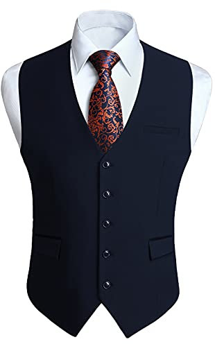 HISDERN Chaleco Traje Azul marino Hombre Boda Chalecos de Vestir Original Chaleco Elegante de Fiesta Negocio con Bolsillos L