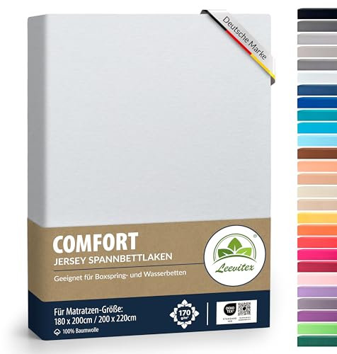 leevitex® Premium Spannbettlaken 180x200-200x220 cm - 40 cm Steg - auch für Boxspringbett & Wasserbett | 100% Mako-Jersey-Baumwolle | ÖKO-TEX | 170g/m² | Weiß
