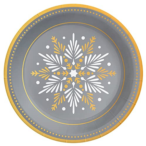 Horeca Collection 6 Unidades. Platos Desechables Ø 23 cm. Platos de cartón biodegradables para Navidad y Nochevieja Color Plata con Motivos de Copo de Nieve, 100% reciclables Celebraciones y Eventos.
