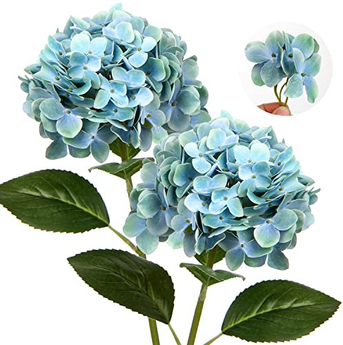 2 flores artificiales de hortensia decorativas azules falsas de seda al tacto real, tallo de 63 cm de largo para el hogar, hotel, oficina, decoración de boda