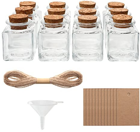 BELLE VOUS (Lot de 12 Pot avec Bouchon Liege, Ficelle et Étiquettes - Mini Bocaux en Verre de 50 ml - Petit Bocal en Verre pour Mariage - Pot Verre Dragées, Vœux & Loisirs Créatifs