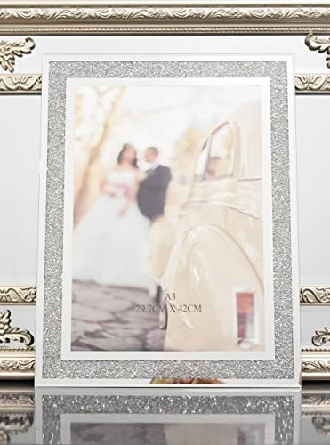 Biznest A3 Glass Photo Frame Jewel Mirror Silver Loose Diamante Crushed Crystal Home Decor Picture Frame Gift Wedding Friends For Wall 29.7 X 42Cm