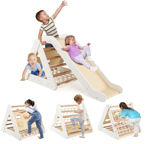 DREAMADE Triangle Montessori d’Escalade 4 en 1 pour Enfant 1+ Ans avec Toboggan en Bois & Filet d'escalade & Échelle, Jouets d'escalade pour Salon Chambre d'enfant Garderie (Blanc)