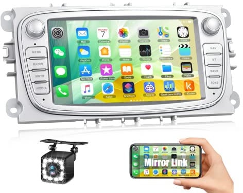 CAMECHO [1+32G] Android 13 Autoradio für Ford Focus mit Navi GPS 7 Zoll Kapazitiver Touchscreen Radio mit Bluetooth/USB/WiFi/FM/EQ Rückfahrkamera für Ford Mondeo S-Max C-Max Galaxy +CANBUS(Silver)