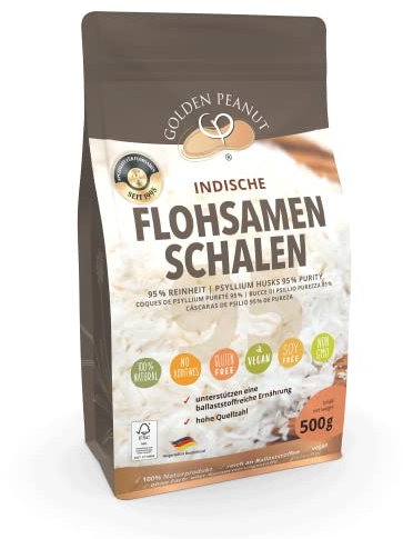 GOLDEN PEANUT Flohsamenschalen 500 g 95% Reinheit hohe Quellzahl, glutenfrei, ballaststoffreich, vegan, Naturprodukt
