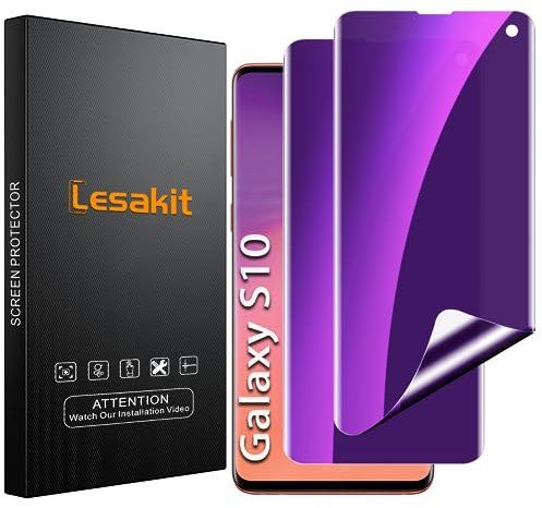 Lesakit 2 Pièces Anti lumière bleue Protection écran pour Samsung Galaxy S10, Anti-Espion TPU Film, Bord incurvé Plein Couverture, Sans Bulle, Sensible au Toucher – Violet