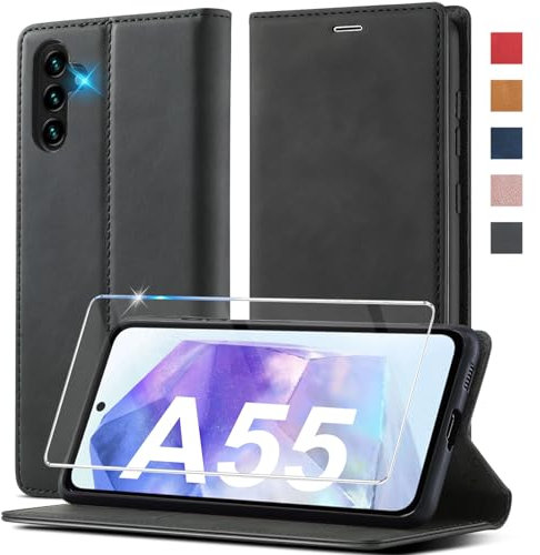Ailicici für Samsung Galaxy A55 5G Hülle Leder Mit Schutzfolie - Handyhülle Klappbar, Flip Wallet, Stoßfeste Cover Case Schutzhülle Klapphülle