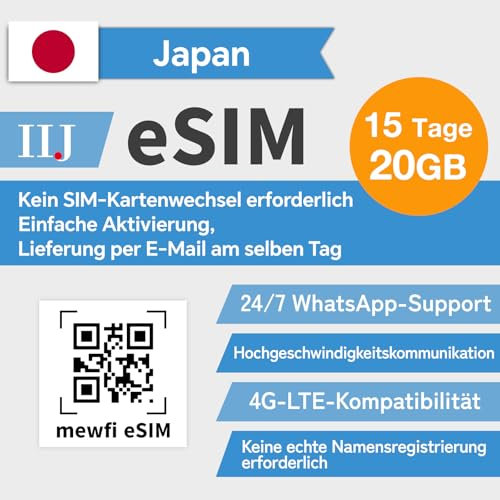eSIM Karte, Aktivierung Erforderlich, Japan SIM Karte 15 Tage 20 GB für eSIM-Kompatible Freigeschaltete Geräte, 4G-Hochgeschwindigkeits-Kommunikationsnetz