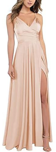 xxxiticat Robe de bal longue en satin pour femme - Col en V - Bretelles spaghetti - Robe de demoiselle d'honneur formelle en satin - Robe de soirée avec fente, Or rose, XXL