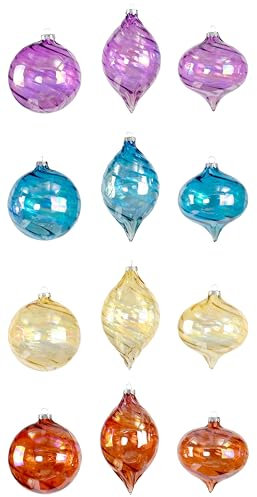 Red Co. Dekorativer Weihnachtsbaumschmuck, 10,2 cm bis 15,2 cm, sortiert, schillernd, mehrfarbig, Glas, zum Aufhängen, Olive, Kugel und Zwiebel, 12 Stück
