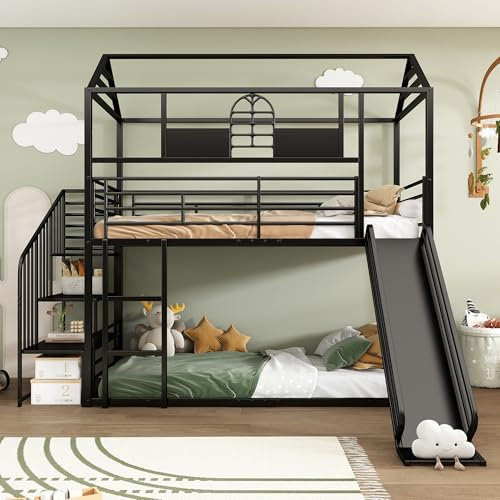 Cama con marco de hierro, litera, cama infantil con techo y ventana, con tobogán y escalera lateral, adecuada para niños y jóvenes, con escalera lateral, con rejilla anticaídas, hierro, negro, 90 x