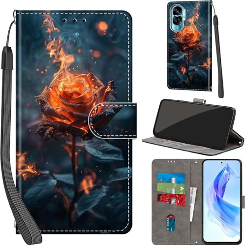 PHINIENLAND For Honor 90 Lite / X50i 5G Leather Wallet Case,Flip Protective Book Cover with Card Holder,Stand Wrist Strap Magnetic Flip Cover Compatible with for Honor 90 Lite Case -Flame