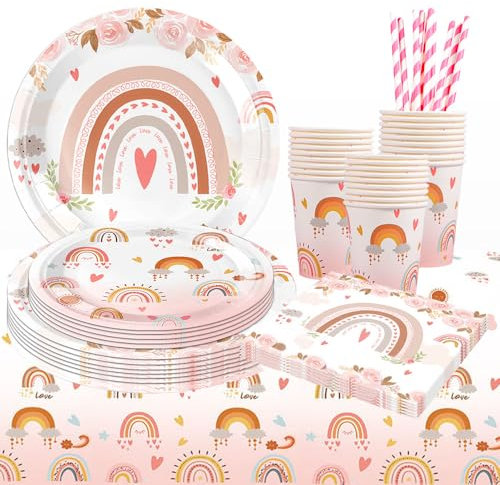 Kaseryao Regenbogen Deko Kindergeburtstag, Regenbogen Partygeschirr Pappgeschirr Set, Pappteller, Pappbecher, Papierservietten, Tischtücher, Papierstrohhalme, Partygeschirr Set für 10 Personen