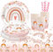 Kaseryao Regenbogen Deko Kindergeburtstag, Regenbogen Partygeschirr Pappgeschirr Set, Pappteller, Pappbecher, Papierservietten, Tischtücher, Papierstrohhalme, Partygeschirr Set für 10 Personen