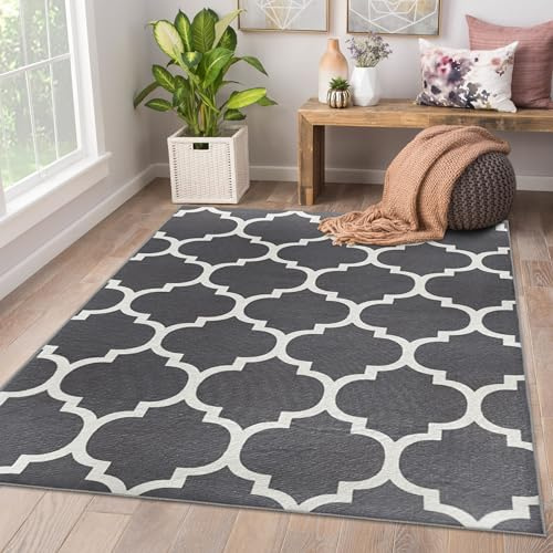 AMEHA Rugs Living Room Large 200x290 cm - Grey Area Rugs Bedroom (Ava Grey) | Easy to Clean Non Slip Modern Carpet Non Shedding Trellis Style Durable Soft Low Pile Large Bedside Rug for Kids Room