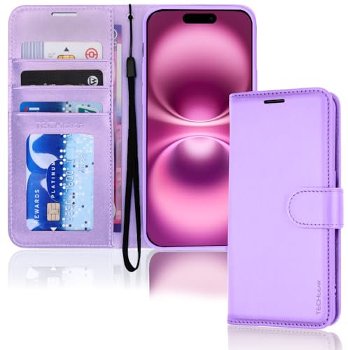 TECHGEAR iPhone 16 Leather Wallet Case, Protective Flip Case Cover with [RFID BLOCKING] Wallet Card Holder, Stand and Wrist Strap - Purple PU Leather with Magnetic Closure for iPhone 16 6.1