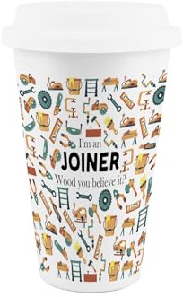Purely Home Joiner Ceramic Travel Mug - Novelty Carpentry Themed Gifts - Reusable Silicone Lid Double-Walled Insulated Hot/Cold Drinks Cup Present