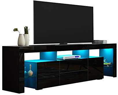 Chebinsiti 200CM LED TV Cabinet, Modern High Gloss TV Stand Cabinet, Black | TV Unit with LED Lights, 2 Drawers and 2 Doors for Bedroom Living Room Home Furniture