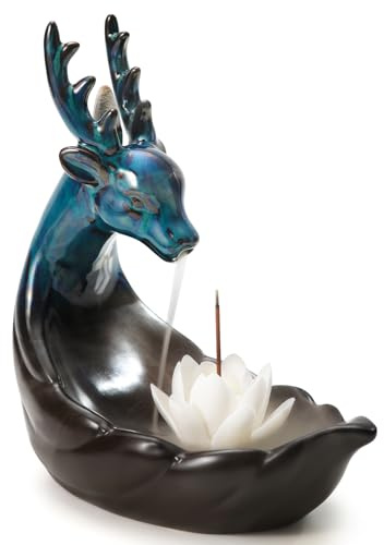 Qaixwuyi Porte Encens Céramique Bruleur D'encens Backflow Incense Burner avec 20 Encens Cone Refoulement 30 Bâtons D'encens 1 Pince 1 Tapis pour Méditation Yoga Bureau Salon Cerf Lotus Blanc
