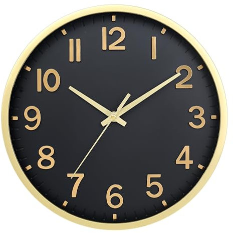 25 cm Lautlos Wanduhr Ohne Tickgeräusche, Moderne Batteriebetriebene Uhr für Zuhause,Wohnzimmer, Schlafzimmer, Küche,Büro, Wanddekoration (schwarzes Gold,25CM)