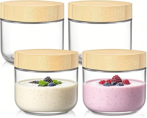 ALINK 4 Pack Overnight Oats Containers with Bamboo Lids,10 oz Large Capacity Glass Mason Jars with Airtight Lid for Overnight Oats Meal Yogurt Chia Pudding Fruit Cereal Oatmeal Reusable Jars