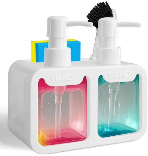 4-in-1 Kitchen Soap Dispenser Set - Dual Hand & Dish Soap Dispenser with Sponge Caddy & Brush Holder - Kitchen Sink Organizer for Countertop (Whtie)