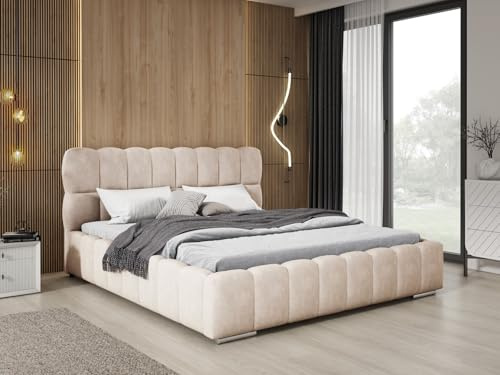Emporius Avilla Doppelbett 200x200 - Bett Elegantes Design, Polsterbett mit Bettkasten, Lattenrost & Kopfteil - Velour Beige (Komodo 11)