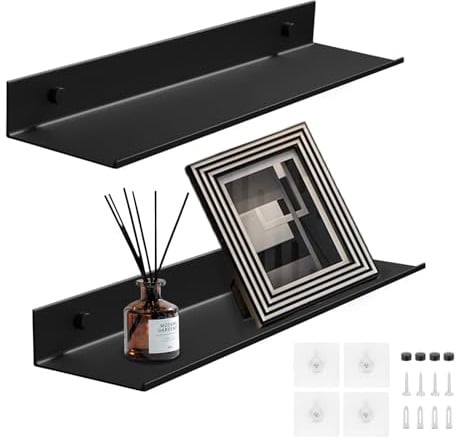 Lot de 2 Etagere Murale sans Percage, Etagere sans Percer Etagere Douche | Étagères Murales en Aluminium pour Salon, Chambre, Salle de Bain, Cuisine (Noir, 30CM)